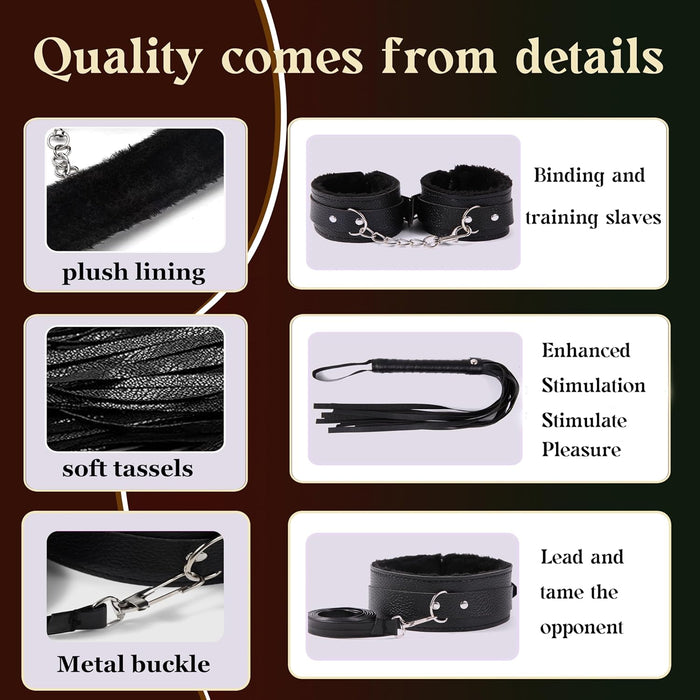 16-piece BDSM set with feather whip and eye mask for relaxation