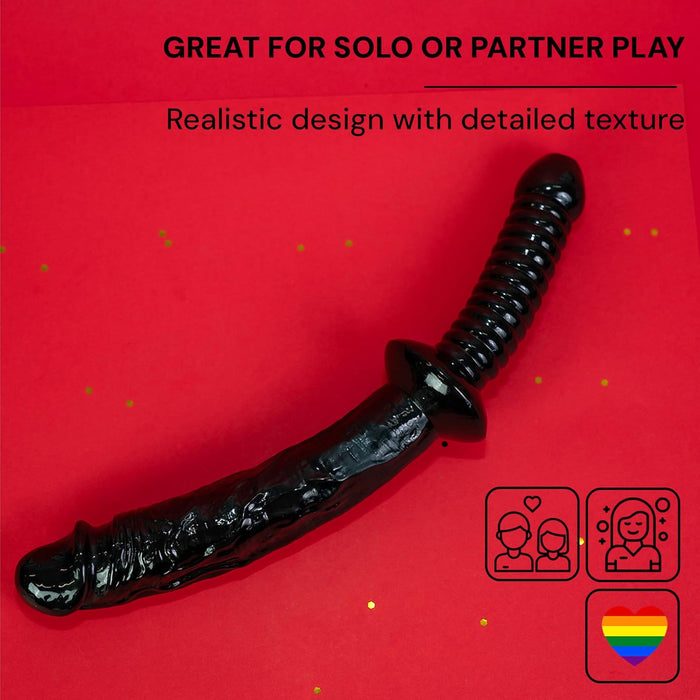 Realistiškas juodas dildo 30 cm ilgio su didele galvute ir rankena