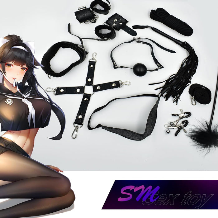 10 dalių BDSM rinkinys pradedantiesiems su reguliuojamais diržais ir antrankiais