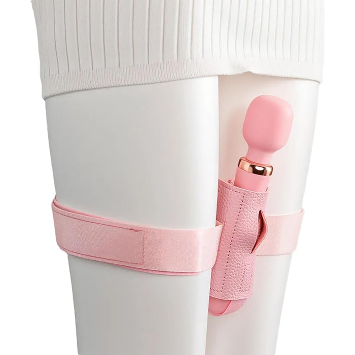 Female life-size vibrator holder with adjustable strap and spreader bar