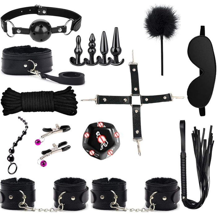 16-piece BDSM set with feather whip and eye mask for relaxation