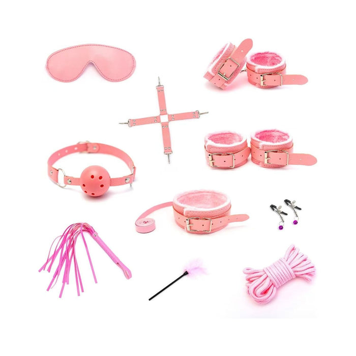 10-piece BDSM set with various fetish tools in pink