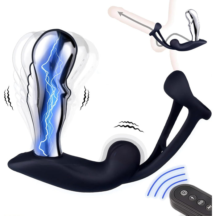 Elektrinis prostatos masažuoklis ir vibruojantis analinis kaištis su gaidžio žiedu vyrams