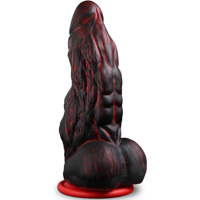 Monster Knot dildo XXL su 2 storais mazgeliais ir siurbtuku – juoda-raudona