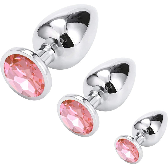 Elegantly shiny metal anal plug set with crystal eyelet
