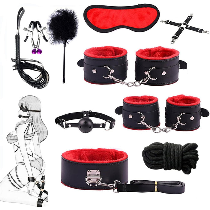 Pliušinis Bondage Rinkinys su Rankogaliais ir Pėdų Antrankiais – 10 Dalių Komplektas