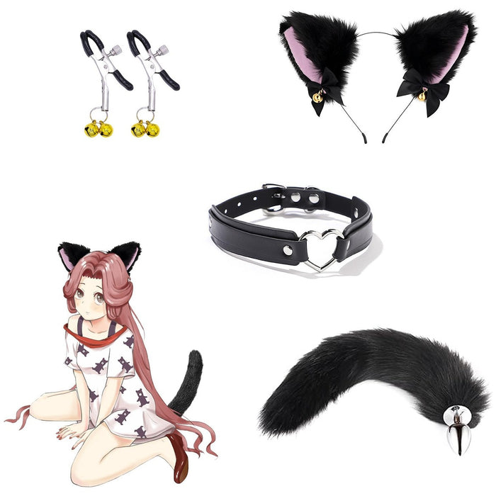 Steel Anal Plug with Fox Tail and SM Accessory Set for Couples