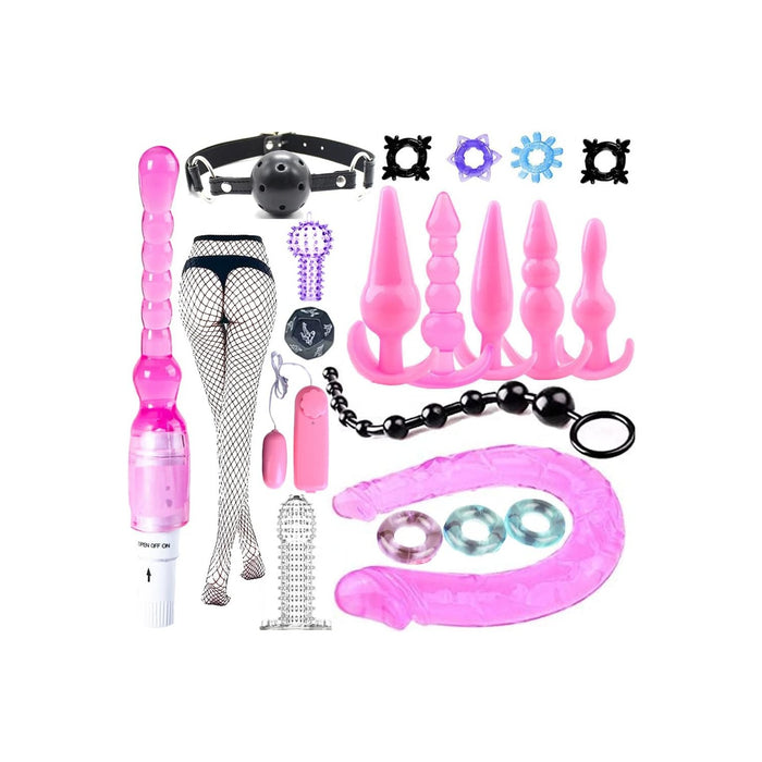 21 dalių BDSM sekso žaislų rinkinys su dvigubu dildo ir vibratoriumi