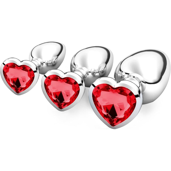 3-piece metal anal plug set with heart-shaped crystal - small, medium, large