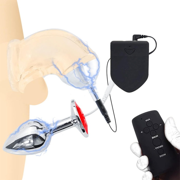 Electric silicone cock ring with stainless steel anal plug and stimulation