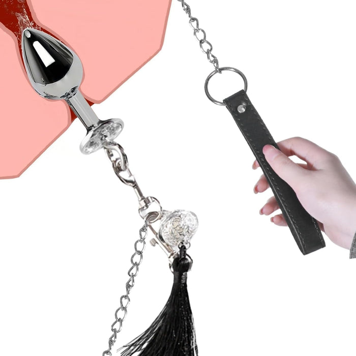 Metalo Analinis Kištukas su Skeletu ir Odine Grandine – SM Fetisch Treneris