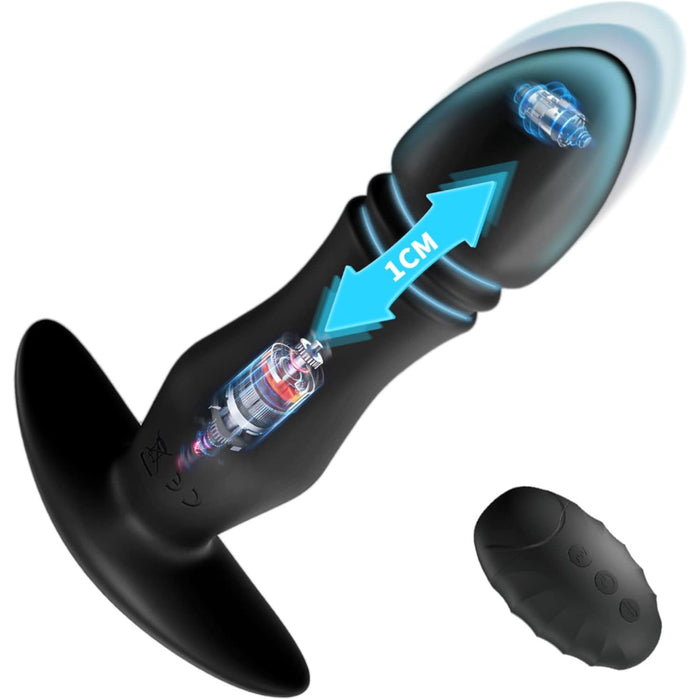Soft silicone anal plug with 10 vibration and thrusting functions and remote control