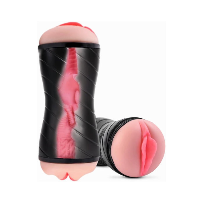 Realistiškas vyrams skirtas dvipusis masturbatorius su 3D tuneliu ir rankoms laisvu dizainu