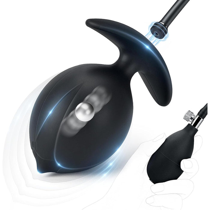 Adjustable inflatable anal plug with magnetic steel balls and suction cup
