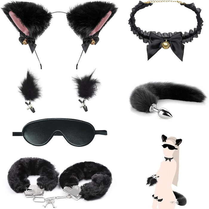 6-piece Cosplay set with tail, handcuffs and eye mask for couples