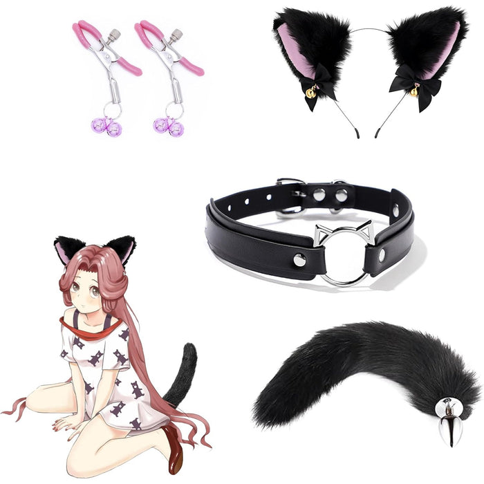 4 vnt. Metaliniai Analiniai Kaiščiai su Lapių Uodegomis ir Katės Ausimis - BDSM, Cosplay Žaislai Poroms