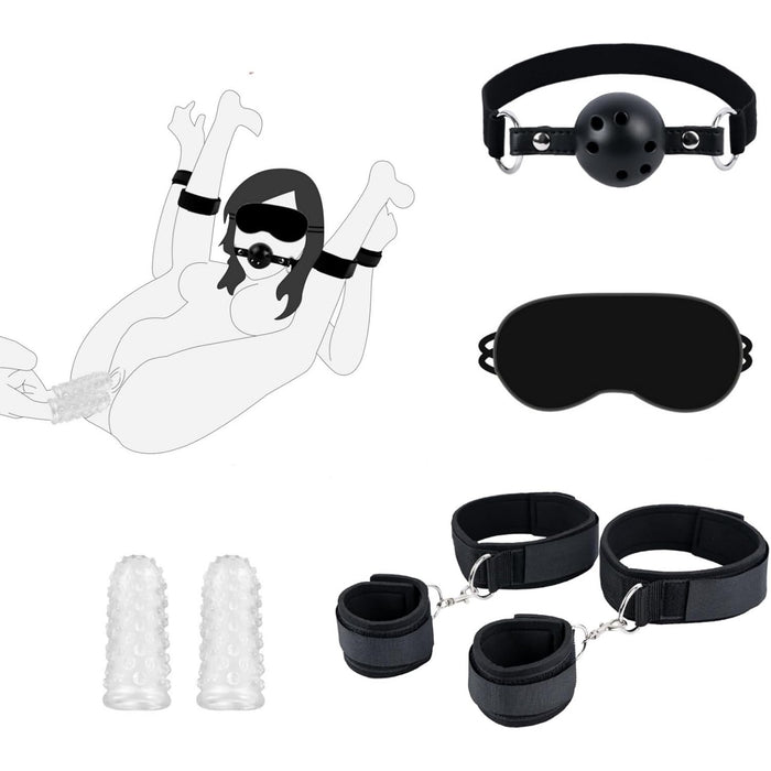 6 dalių BDSM fiksavimo rinkinys su rankogaliais, antrankiais ir aklina juosta
