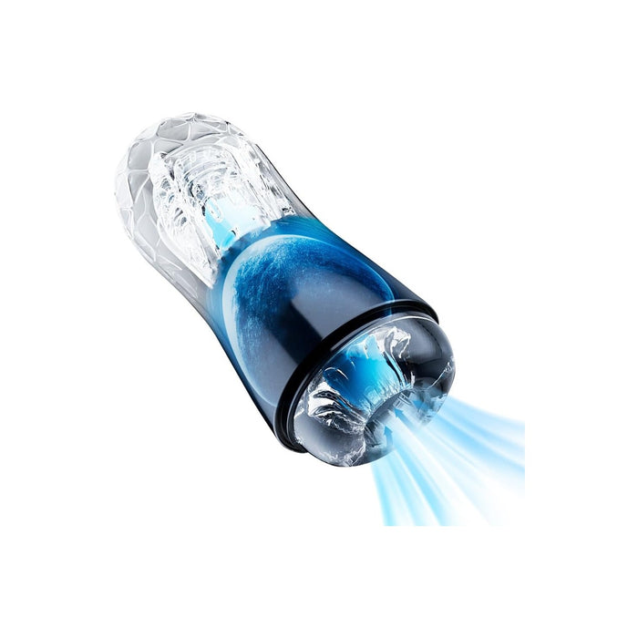 Manual male masturbator with textured interior and suction, transparent