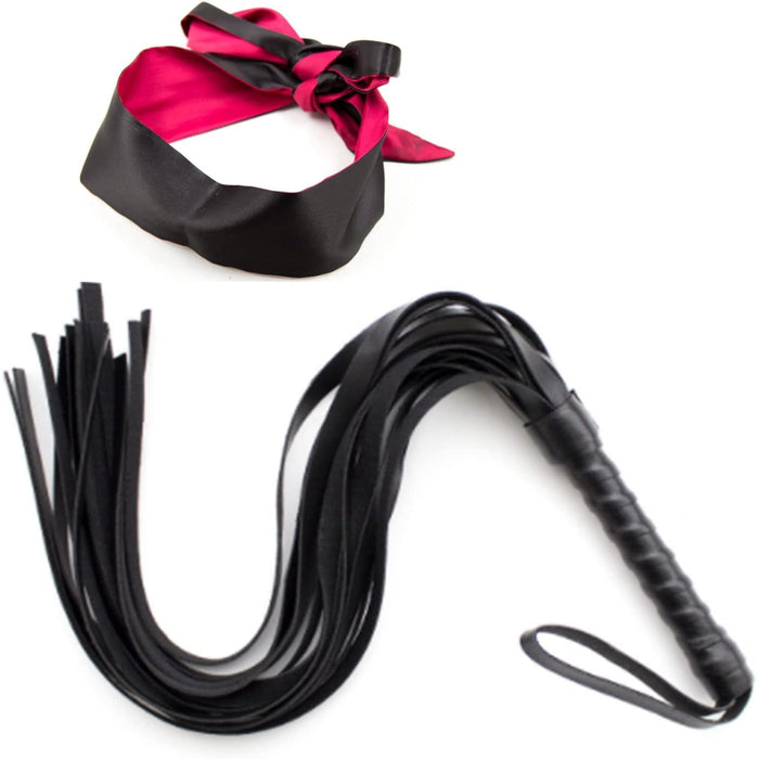 Erotic BDSM set for couples with leather whip, feather charm and blindfold