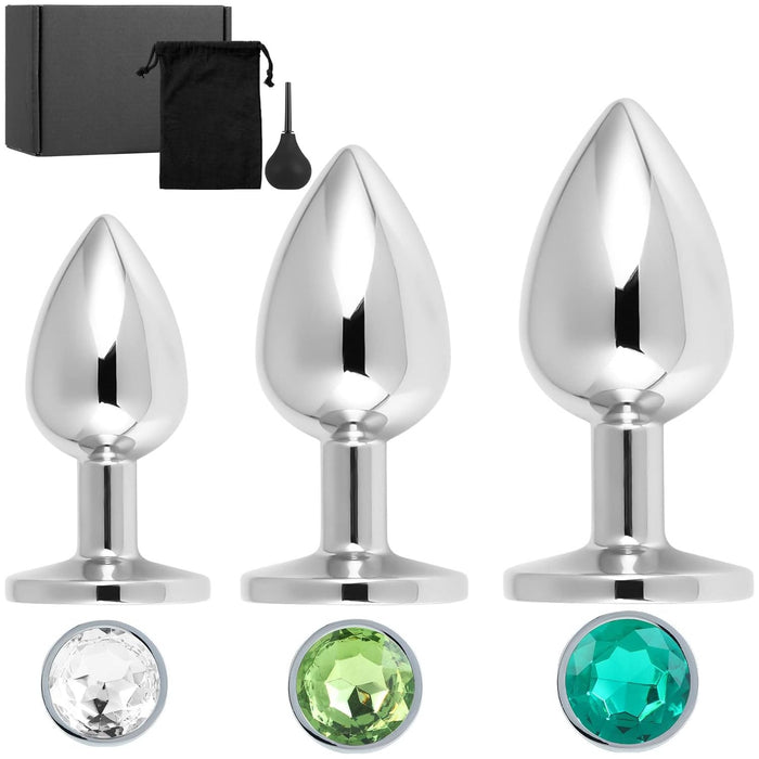 Metal anal toy set with colored crystal diamonds and anal shower