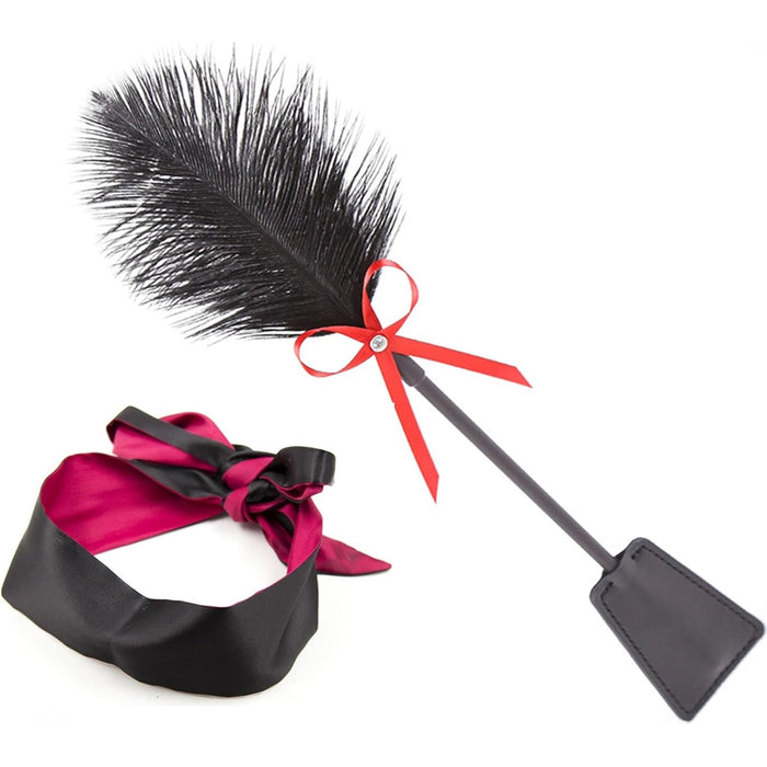 Deluxe odinisederių plunksnų kutiklis ir odinis floggeris su akių juosta - erotinis Bondage rinkinys