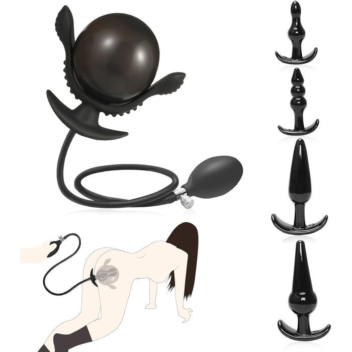 5-piece inflatable anal plug set with pump and variety