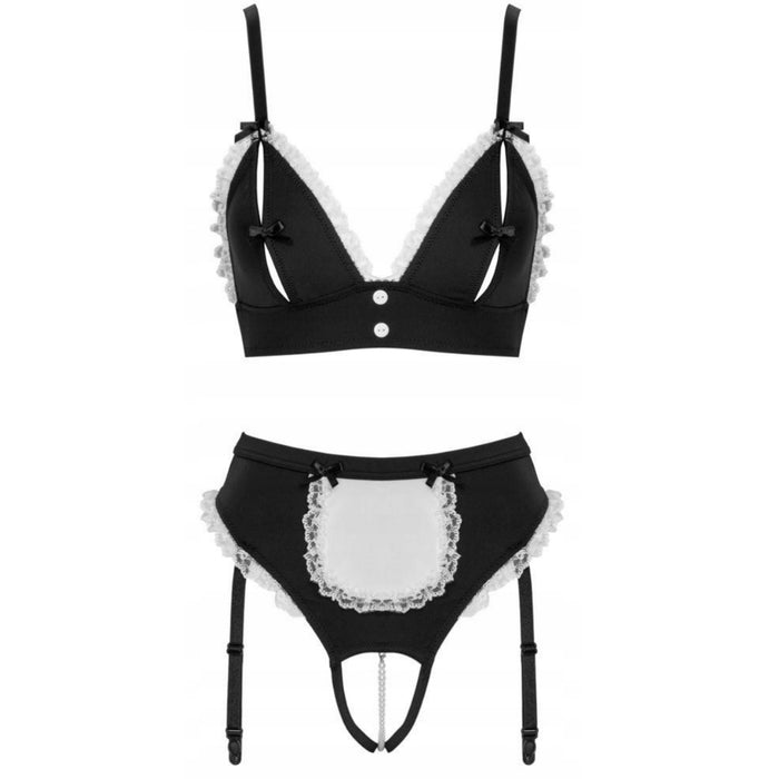 Seksualus tarnaitės komplektas – juodas korsetas su prisegamomis kojinėmis ir perline grandinėle, M dydis