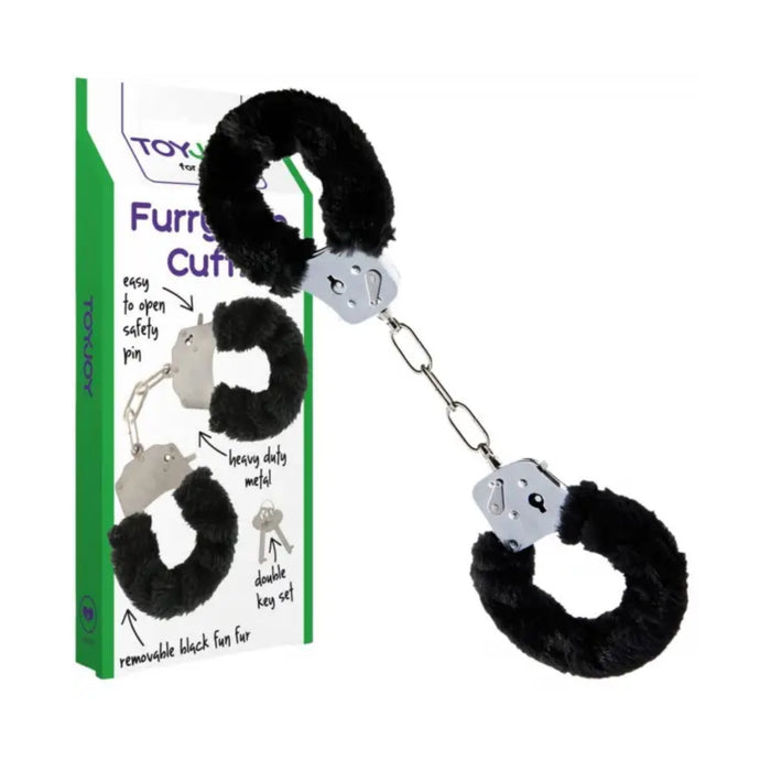 Furry Fun Cuffs – black plush handcuffs with keys.