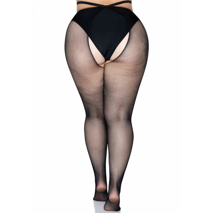 Leg Avenue Plus Size Open-Crotch Tights with Straps - Black