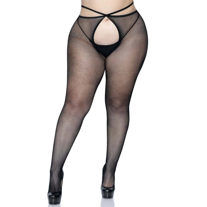 Leg Avenue Plus Size Open-Crotch Tights with Straps - Black
